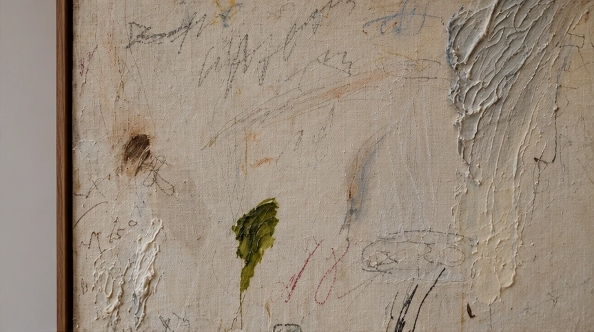 Nächster Blick auf die Oberfläche und die Textur eines überwiegend weißen abstrakten Kunstwerkes